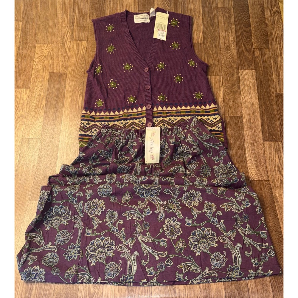 Ashley Harvest Plum Hand Embroidered Vest and Floral Skirt Set XL NWT